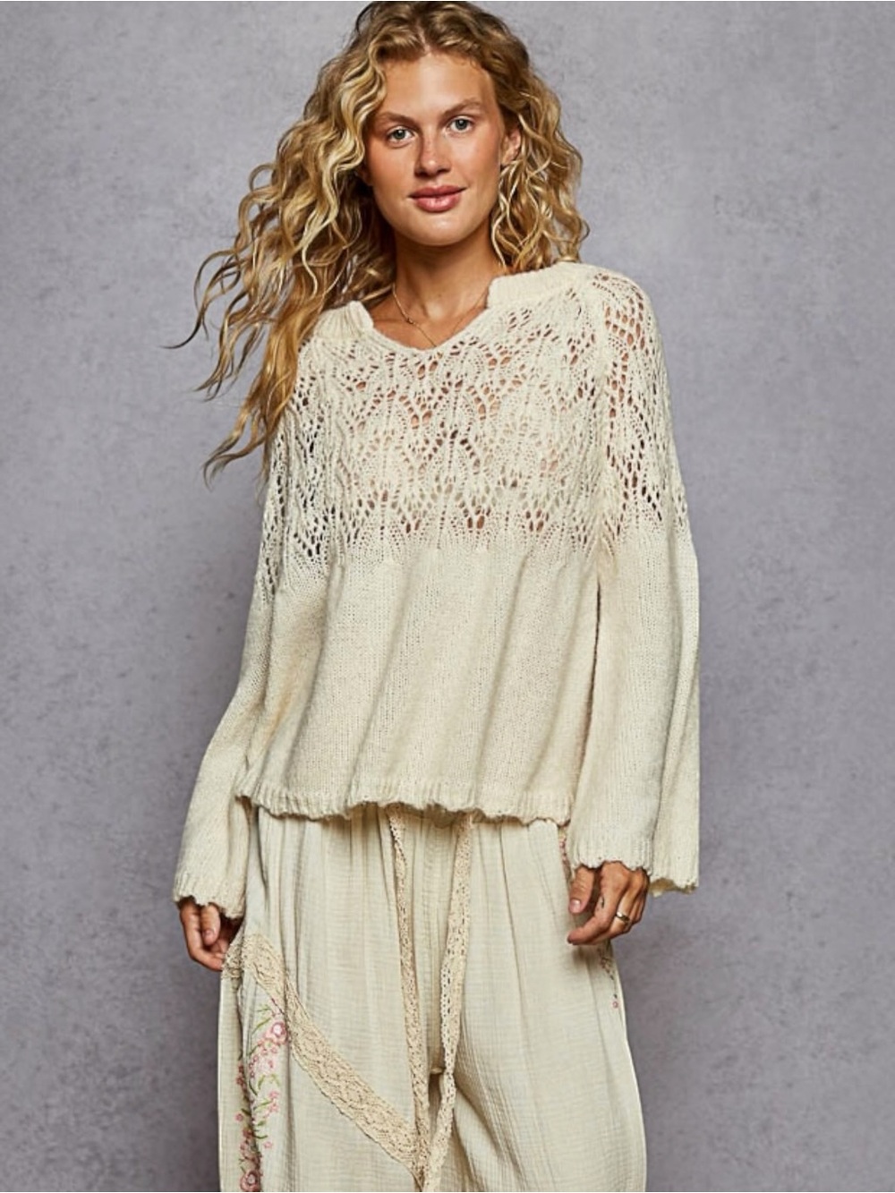 POL Cream Crochet Knit Sweater | Oversized V Neck Boho Pullover Top